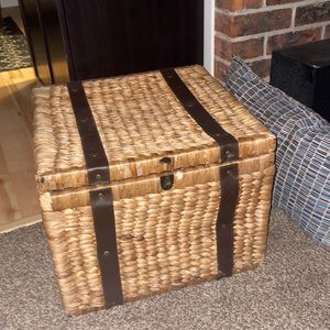 Woven square basket with leather detail. Moving need to sell some items